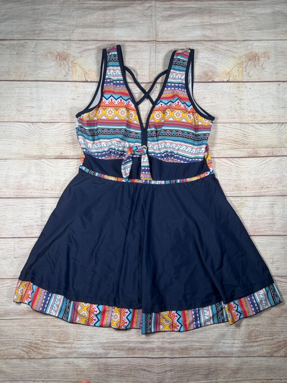 Navy Swim Dress with Multicolor Aztec Print